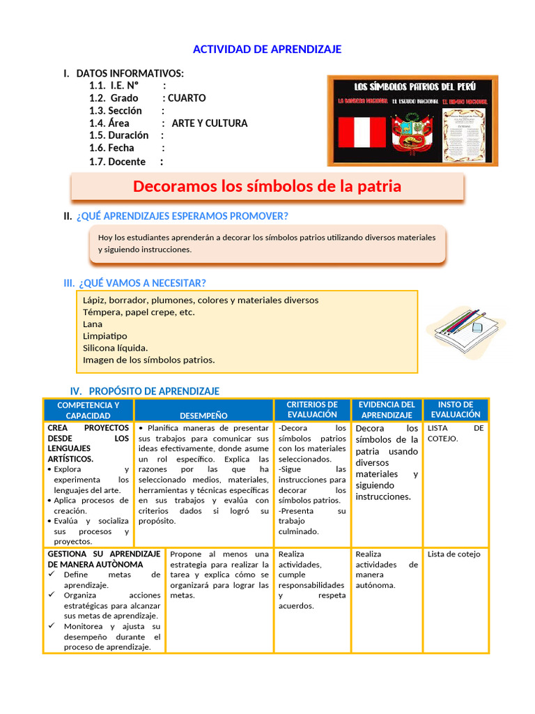 D4 A2 SESION ARTE Decoramos Los Símbolos de La Patria | PDF | Aprendizaje