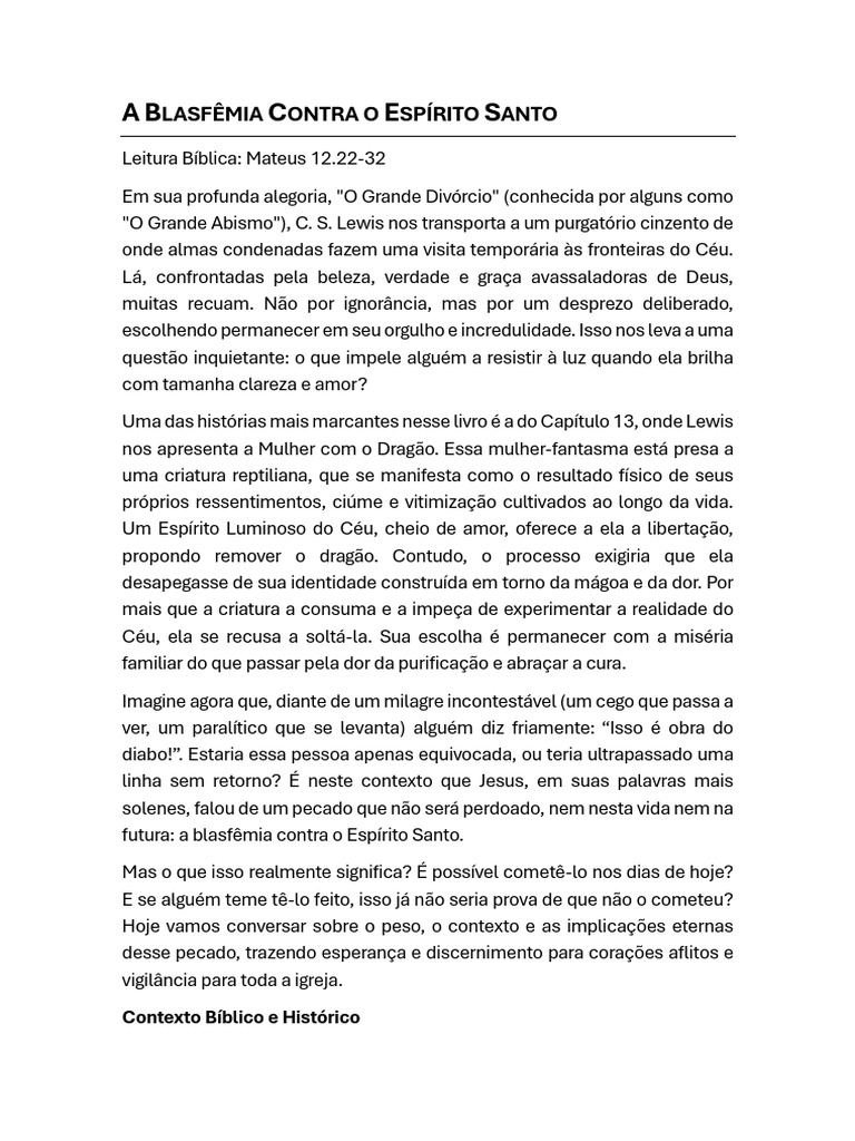 Blasfêmia contra o Espírito Santo: Entenda | PDF | Pecado | Jesus