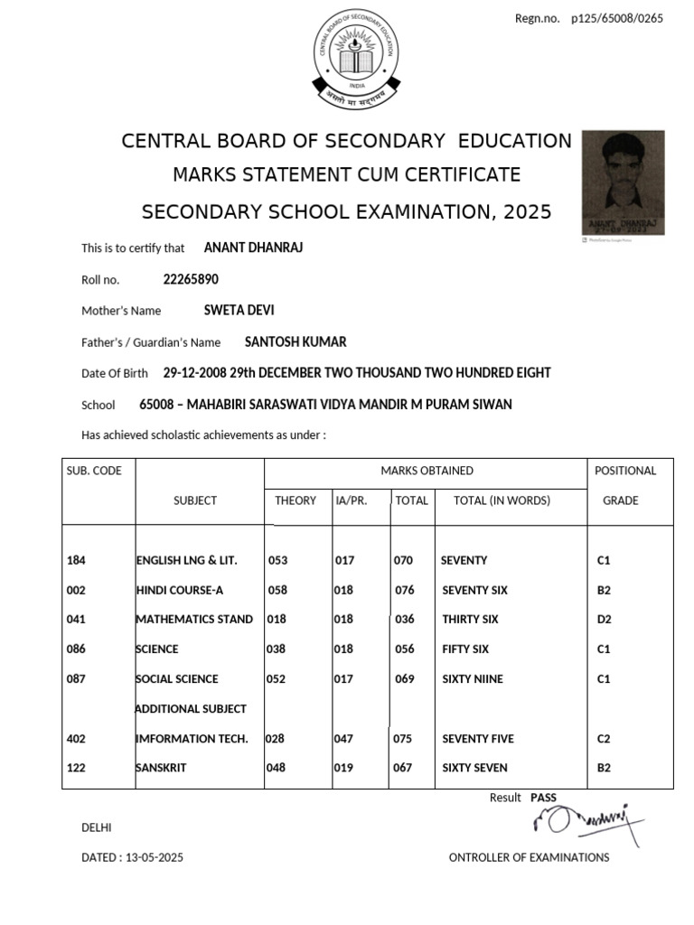 Marks Statement Cum Certificate 2025 | PDF