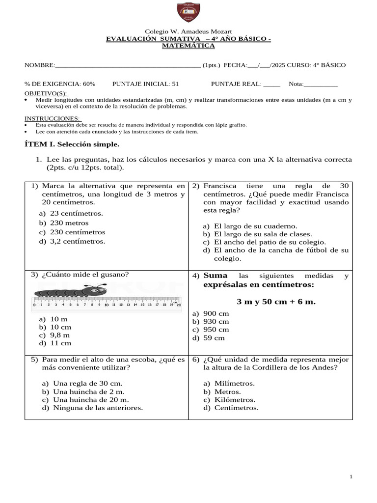 Prueba De Longitud 4° Básico Pdf 