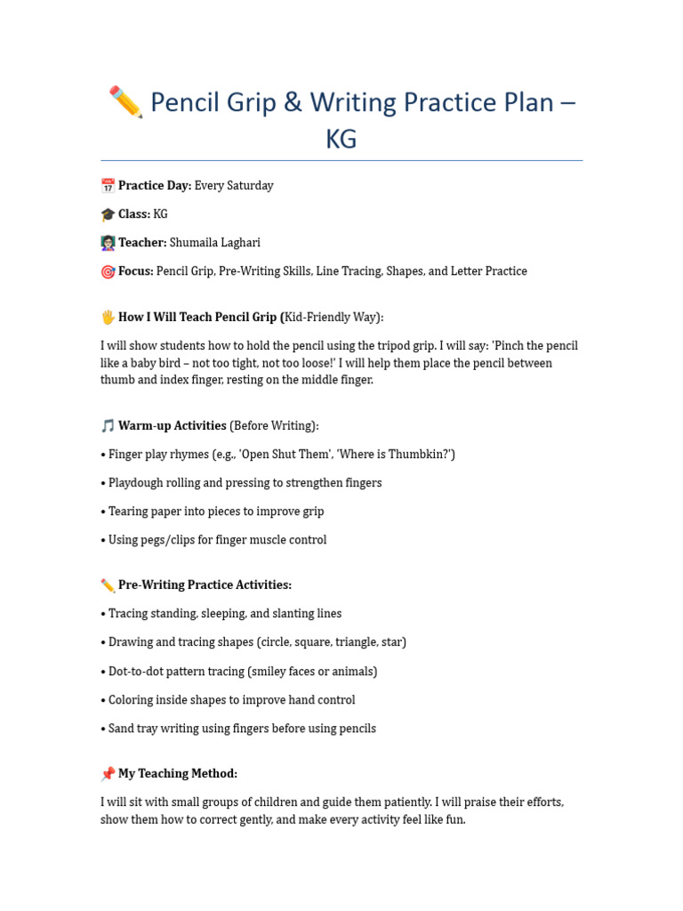 KG Full Pencil Grip and Worksheet Plan | PDF