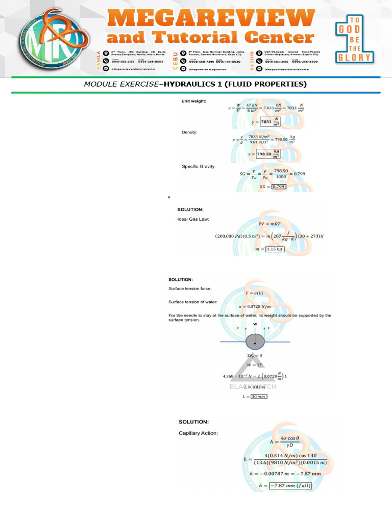 Fluid Properties and Hydraulics Exercises | PDF | Pressure | Pascal (Unit)