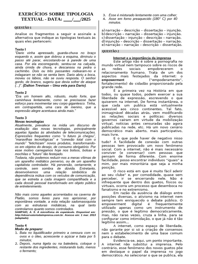 Exercícios de Tipologia Textual | PDF | Internet | Bulimia nervosa
