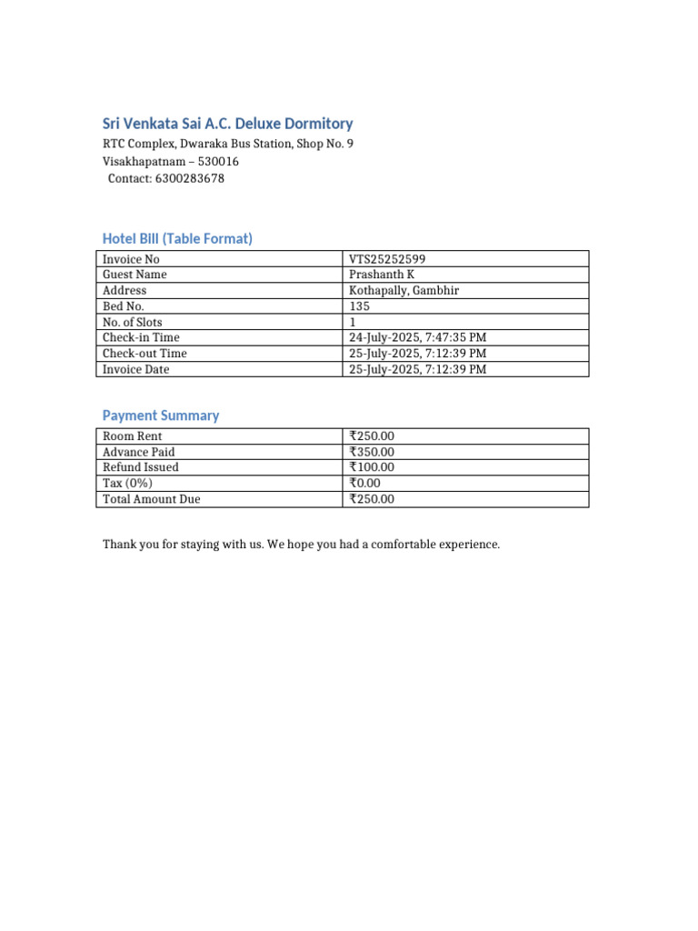 Hotel Bill for Dormitory Stay | PDF