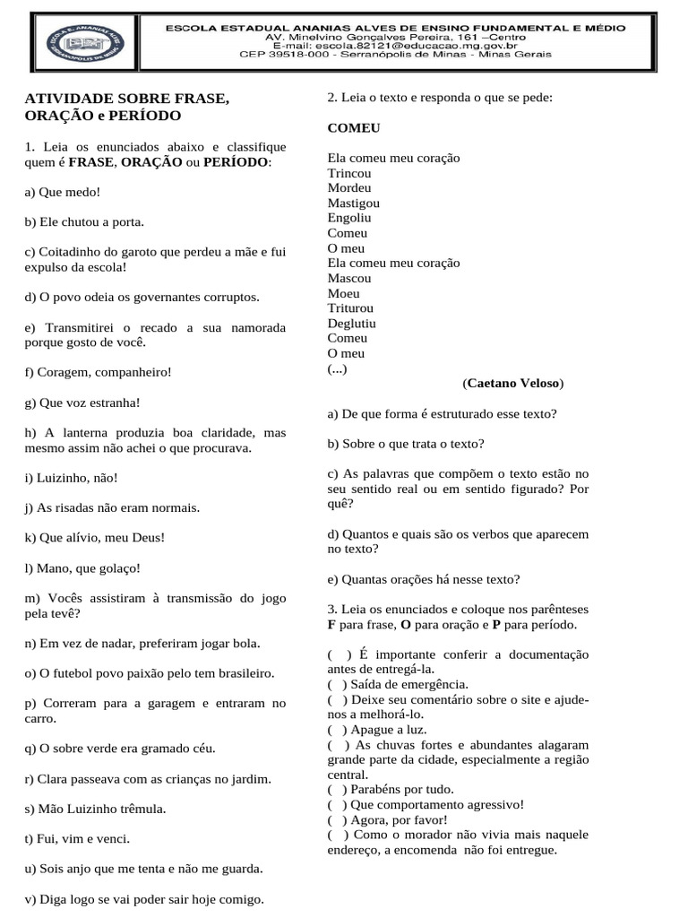 Atividade Sobre Frase, Oração e Periodo Com Gabarito | PDF | Oração