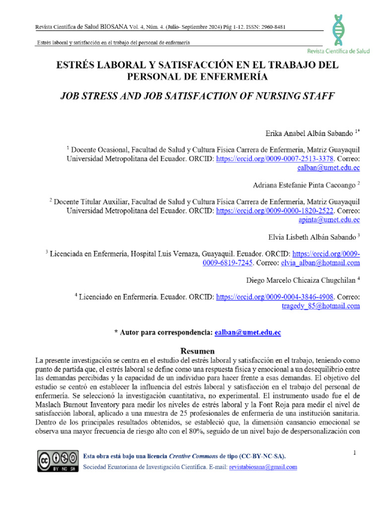 Vista de Estrés Laboral y Satisfacción en El Trabajo Del Personal de ...