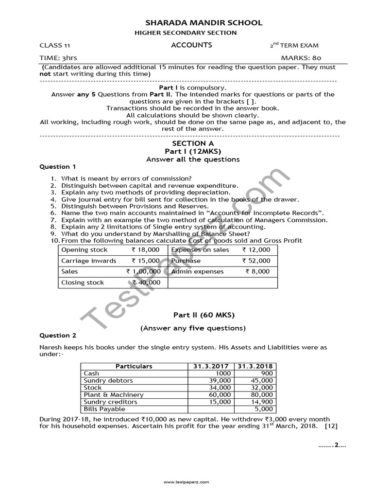 Class 11 Accounts 2nd Term Exam Paper | PDF | Debits And Credits | Money
