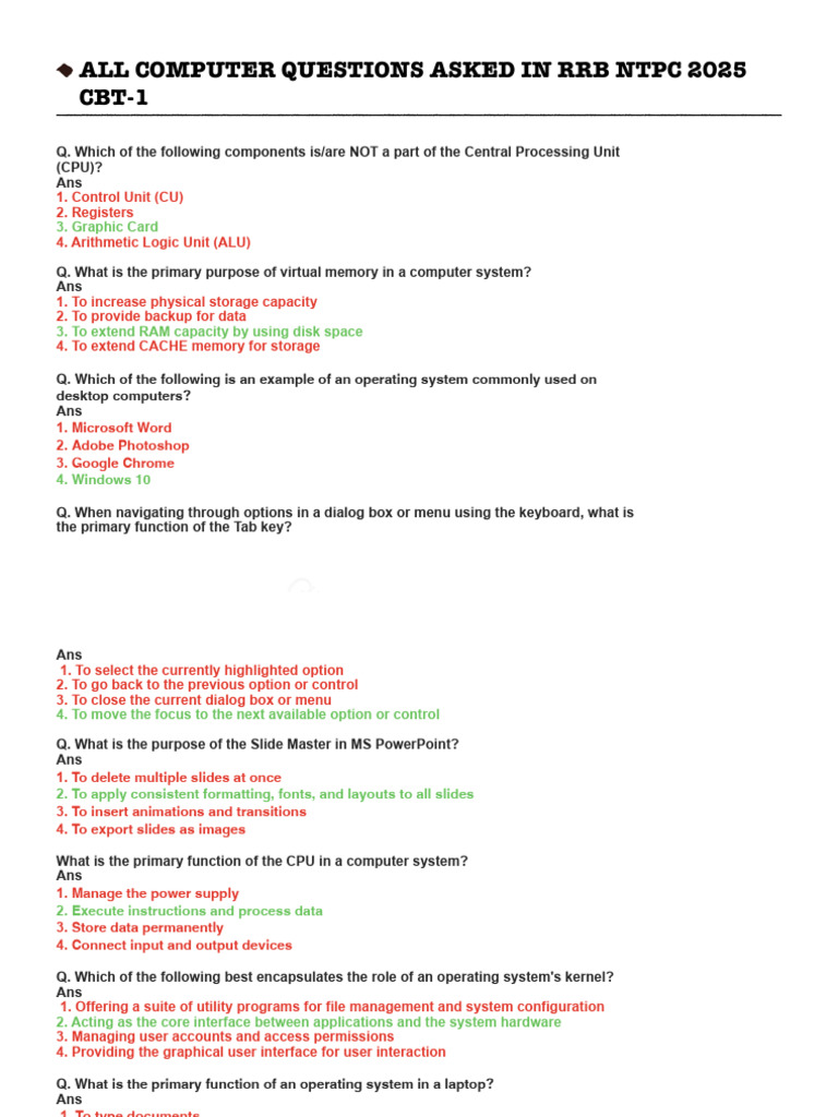 RRB NTPC 2025 Computer Questions | PDF | Computer File | Computer Data ...