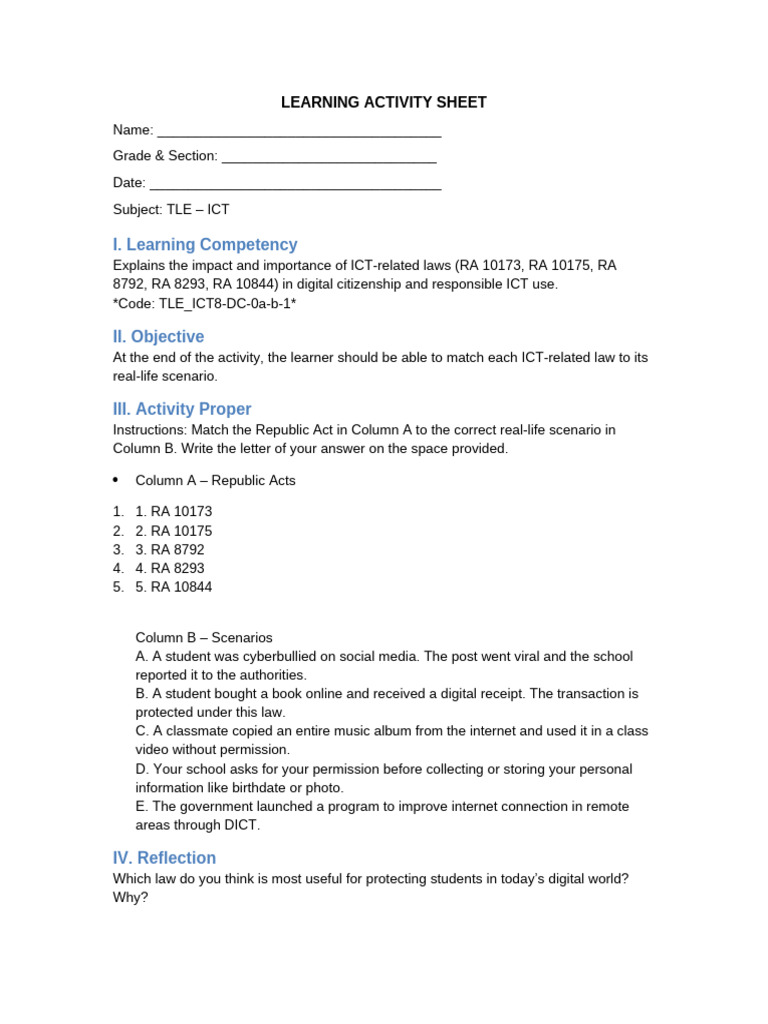 ICT Laws and Digital Citizenship Activity | PDF