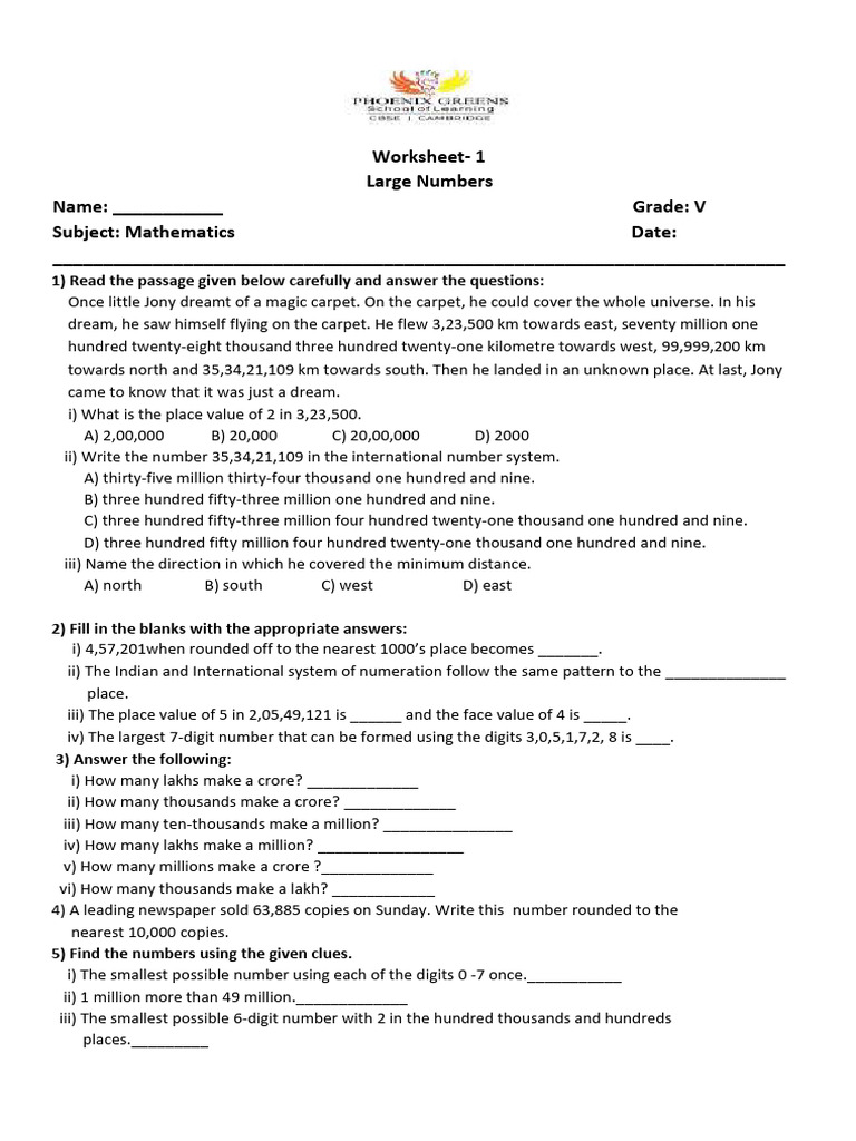 Large Numbers Worksheet Answer Key | PDF | Mathematics