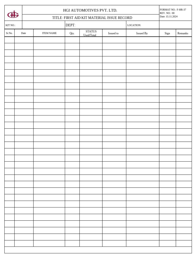 First Aid Kit Issue Record Template | PDF