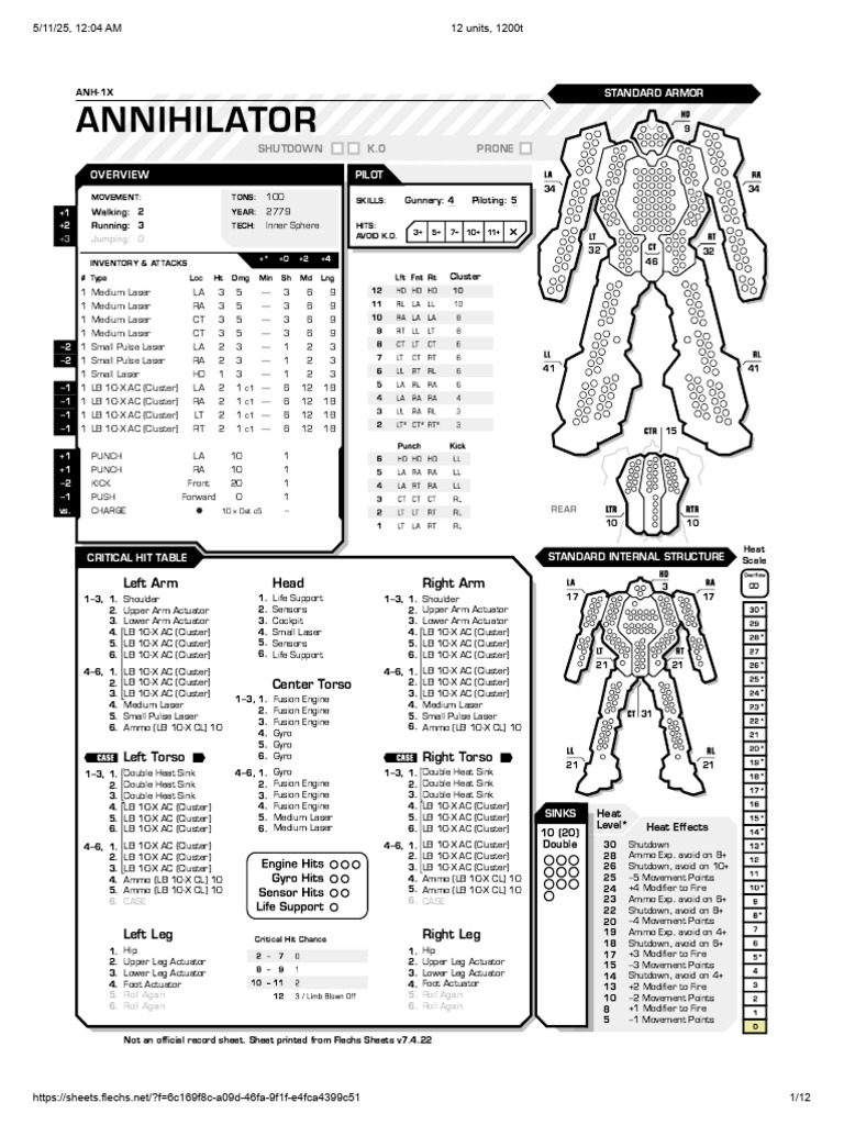 ANH-1A Mech Specifications Overview | PDF