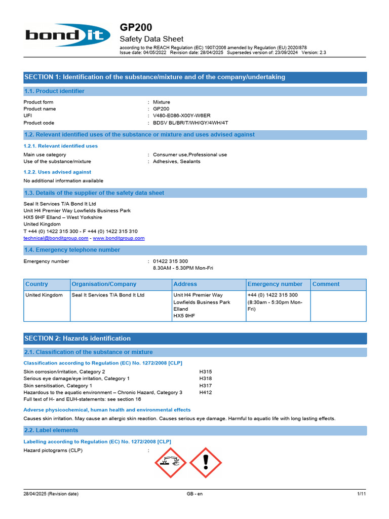 GP200 Safety Data Sheet Overview | PDF | Toxicity | Dangerous Goods