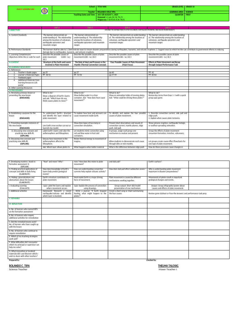Grade 10 Science Daily Lesson Log | PDF | Plate Tectonics | Earth Sciences