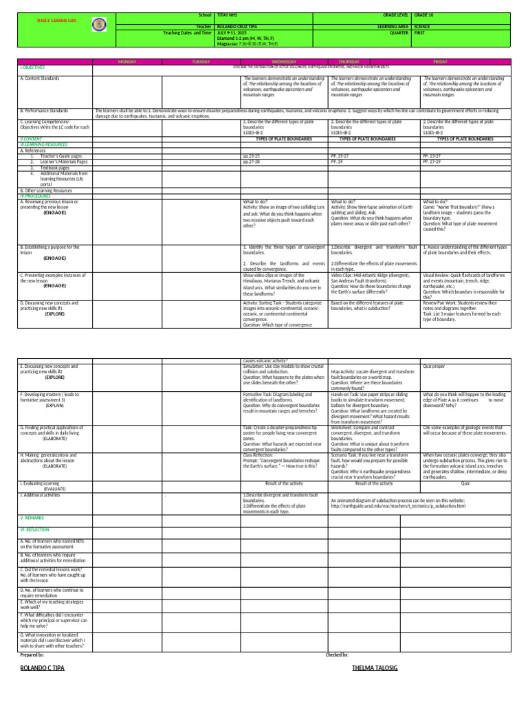 Grade 10 Science Daily Lesson Plan | PDF | Plate Tectonics | Structural ...