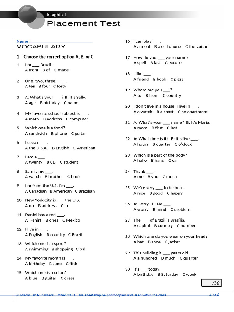 Insights 1 Placement Test Guide | PDF