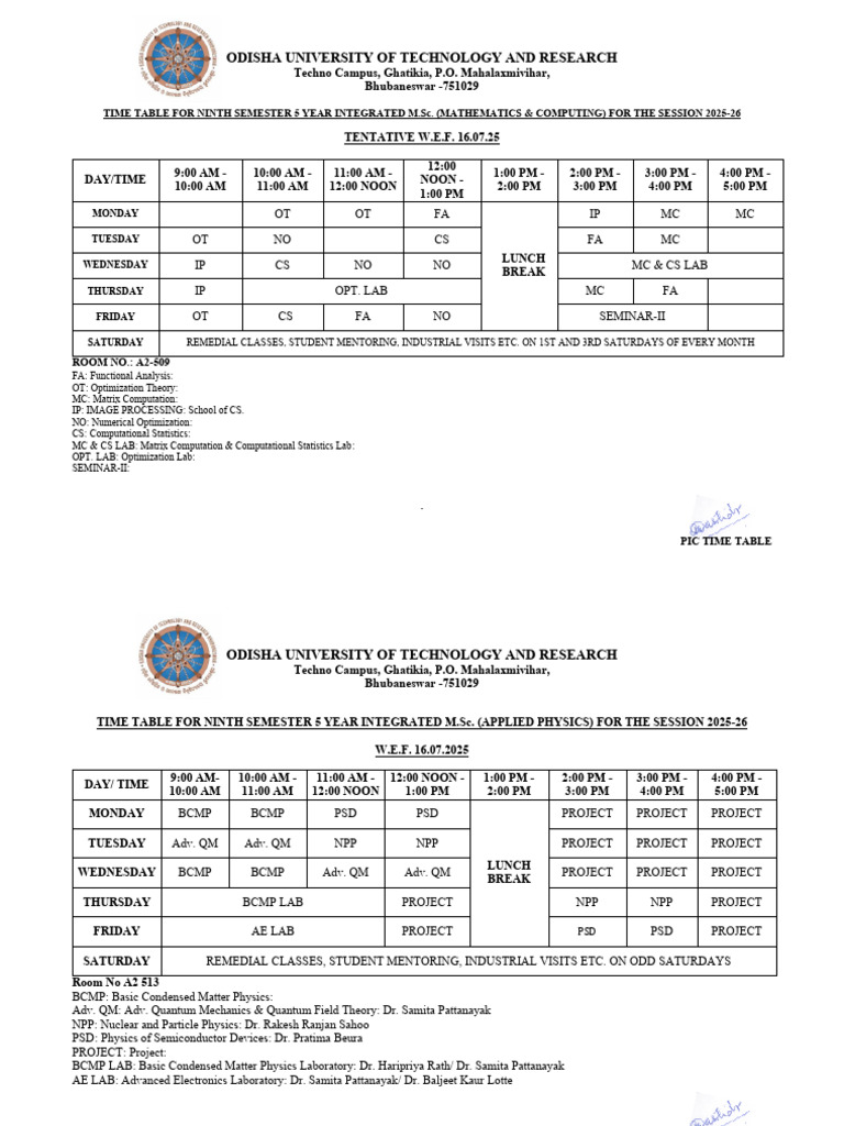Ninth Semester M.Sc. Timetable 2025-26 | PDF | Physics | Applied ...