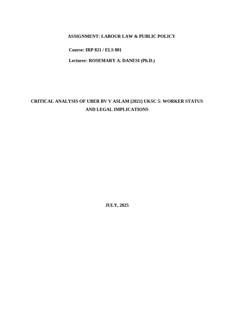 Uber BV v Aslam: Worker Status Analysis | PDF | Employment | Labour Law