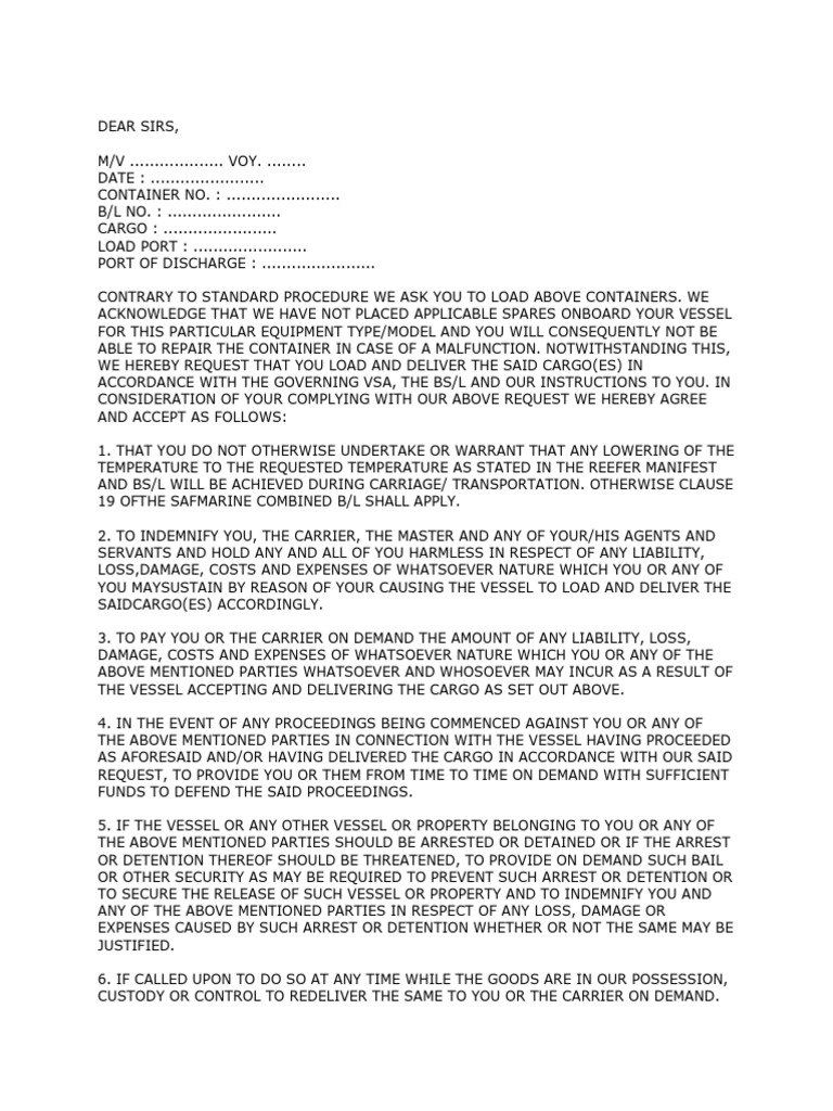 LOI for Container Shipping Request | PDF | Indemnity | Arrest