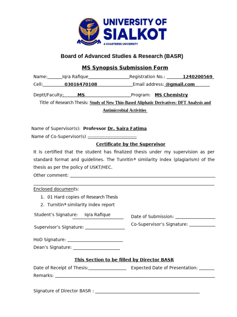 MS Chemistry Thesis Submission Form | PDF