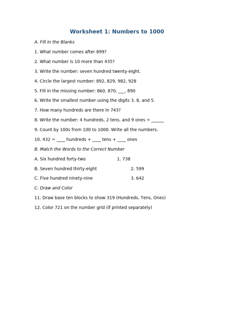 Numbers 100 to 1000 Worksheet | PDF