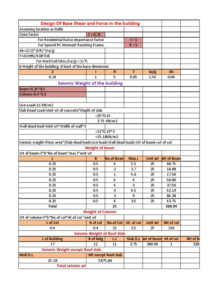 Seismic Weight and Base Shear Calculation | PDF