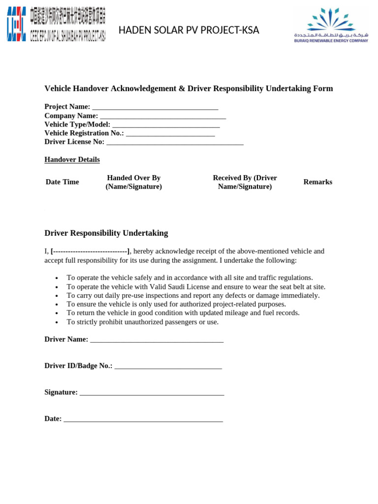 Vehicle Handover Acknowledgement Form | PDF
