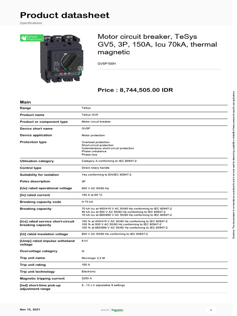 TeSys GV5 Motor Circuit Breaker 150A | PDF | Alternating Current ...