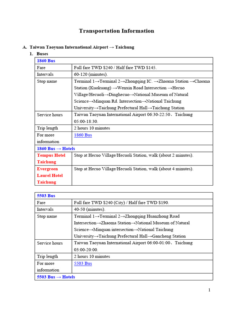 Transportation Guide: Taoyuan to Taichung | PDF | Fare | Bus