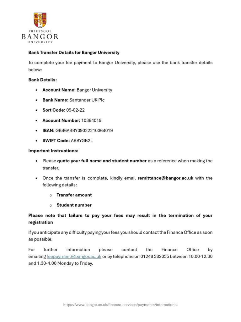 Bangor University Bank Transfer Guide | PDF