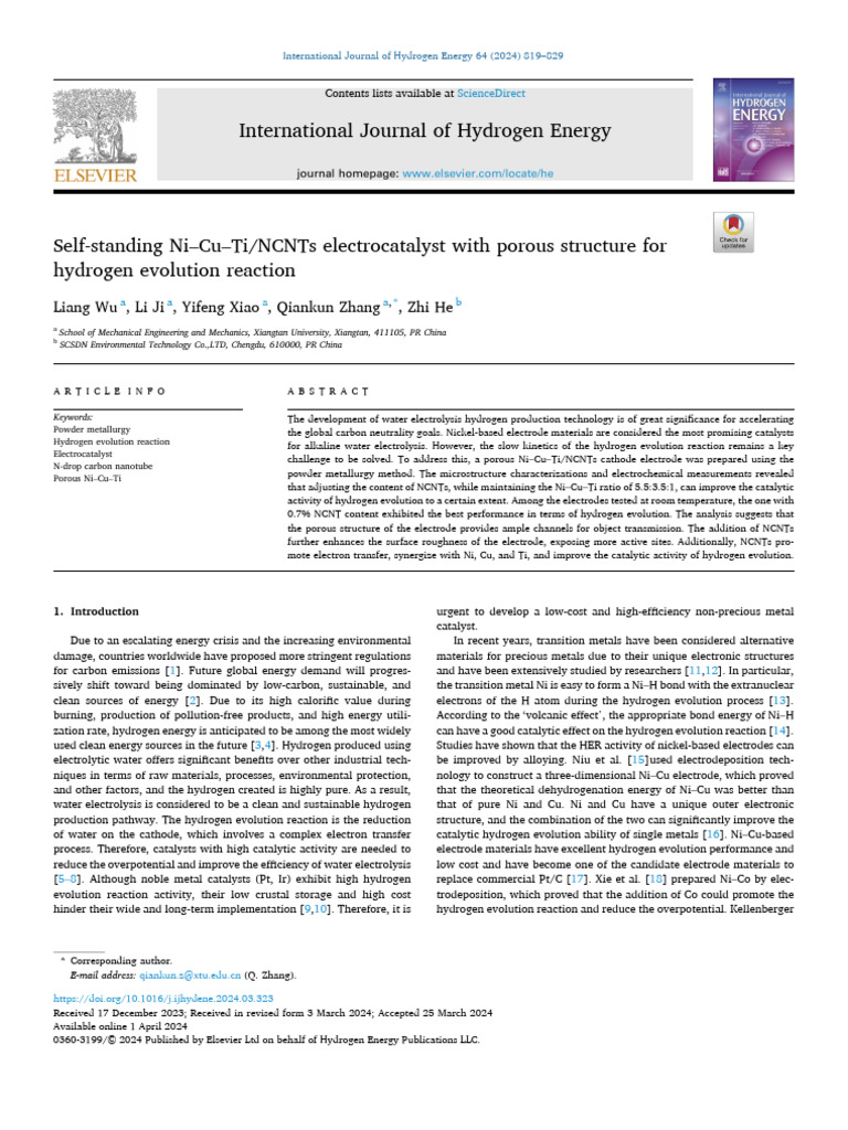 Porous Ni–Cu–Ti Electrocatalyst for Hydrogen | PDF | X Ray ...