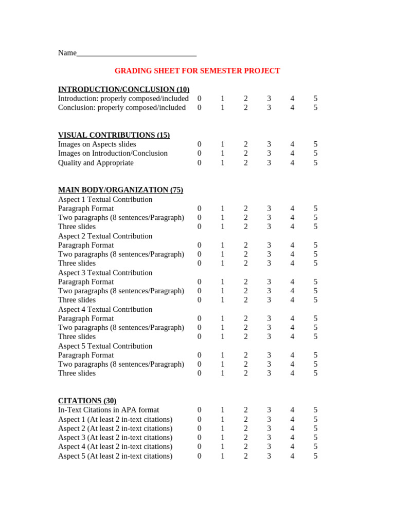 Semester Project Grading Sheet | PDF