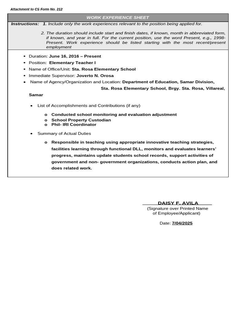 CS Form No. 212 Attachment Work Experience Sheet 1 | PDF