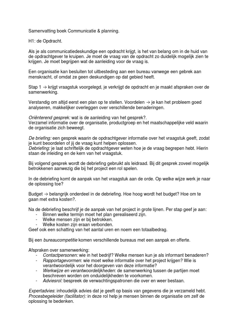 Samenvatting Boek Communicatie en Planning