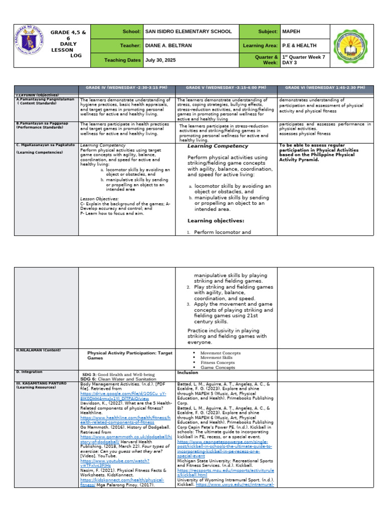 Grade 4-6 MAPEH Daily Lesson Plan | PDF | Physical Fitness | Batting ...