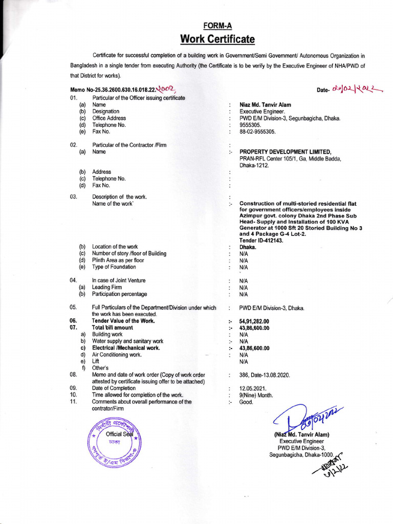 Work Certificate PWD EM Div-3 Generator 901475 | PDF