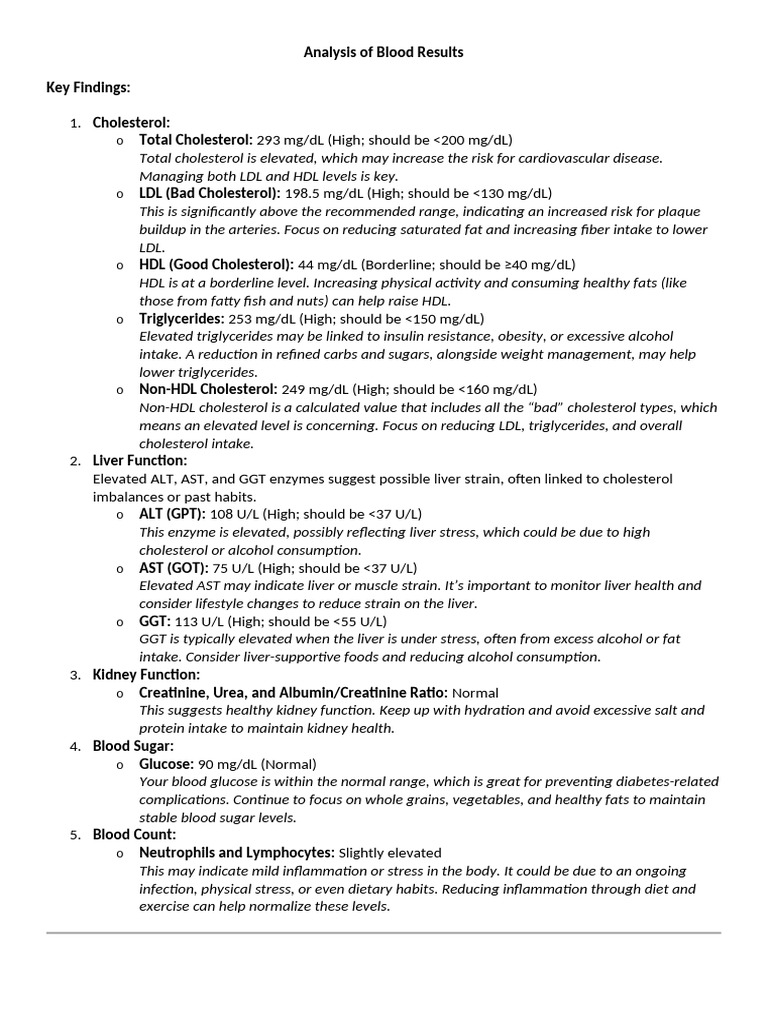 Blood Test Analysis and Health Guide | PDF | Cholesterol | Medical ...