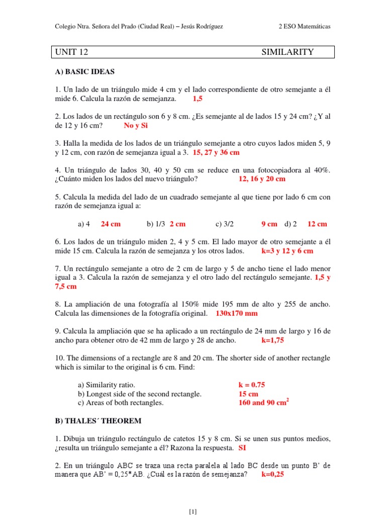 Unit 12 - Similarity Word Problems (English + Spanish) | PDF | Hogar ...