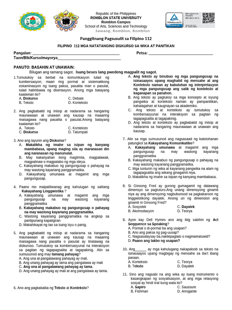 Midterm Exam Sa Fil 112 Natatanging Gamit | PDF