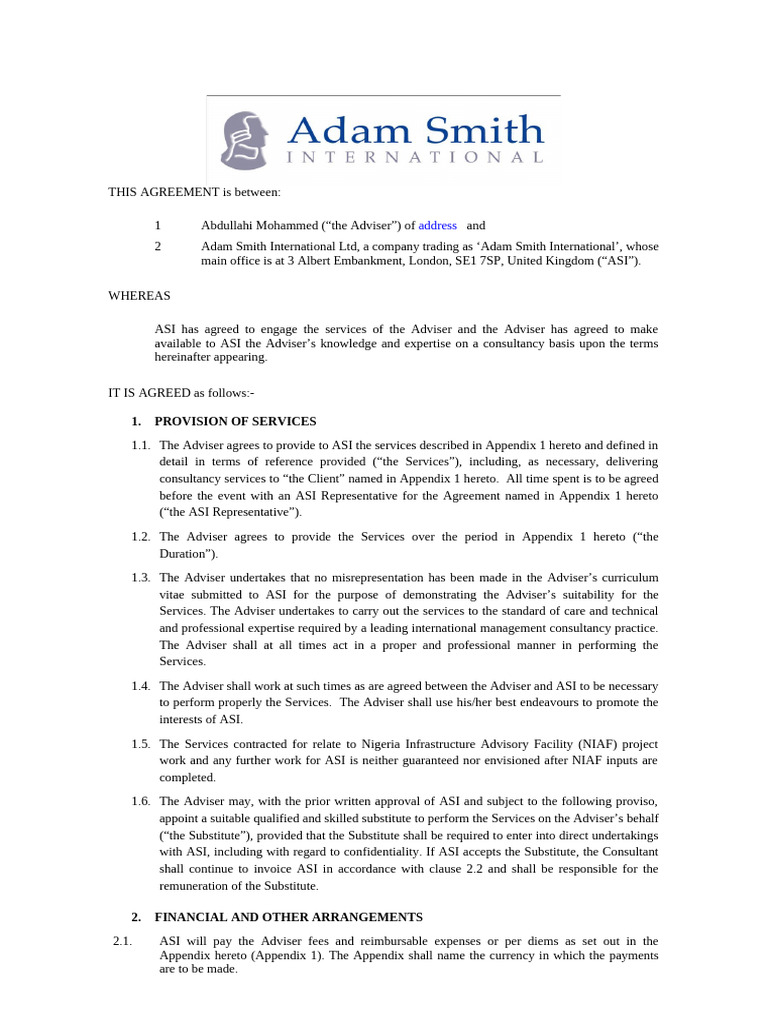 Consultancy Agreement with ASI | PDF | Per Diem | Indemnity
