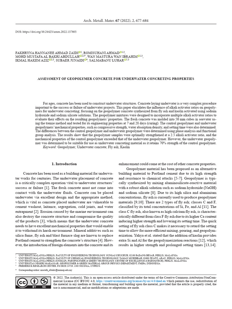 Geopolymer Concrete for Underwater Use | PDF | Concrete | Sodium Hydroxide
