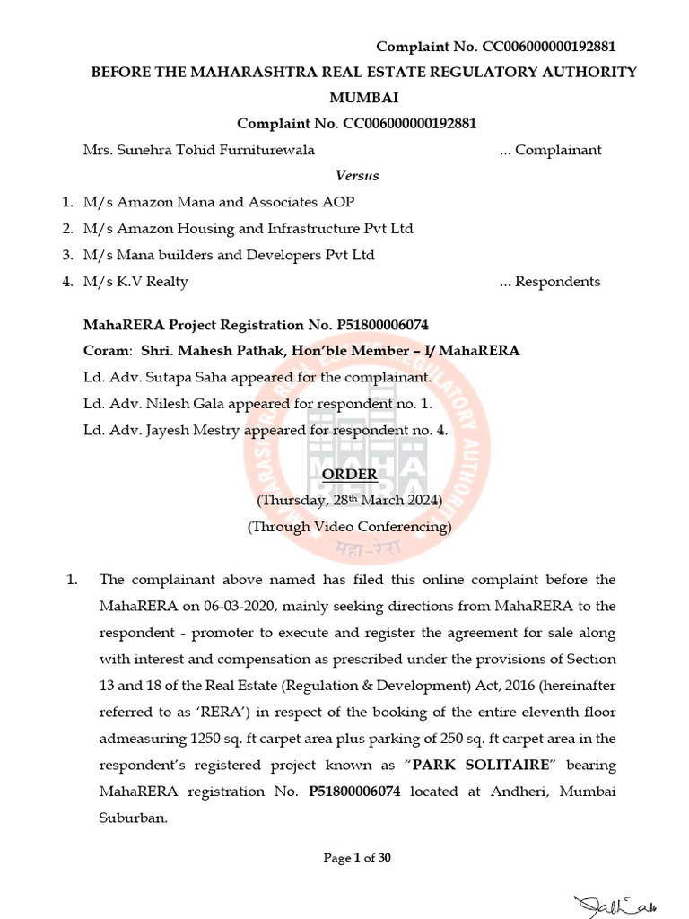 RERA Complaint on Project Registration Issues | PDF | Complaint | Justice