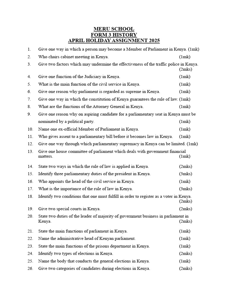 Kenya Form 3 History Assignment 2025 | PDF | Elections | Kenya