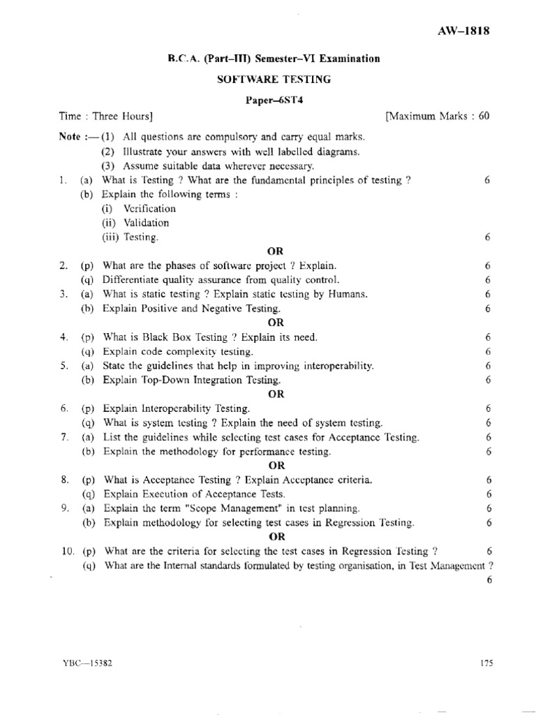 Software Testing Exam Paper B.C.A. Semester VI | PDF | Software Testing ...