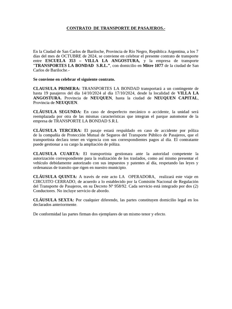 Contrato de Transporte de Pasajeros 2024 | PDF