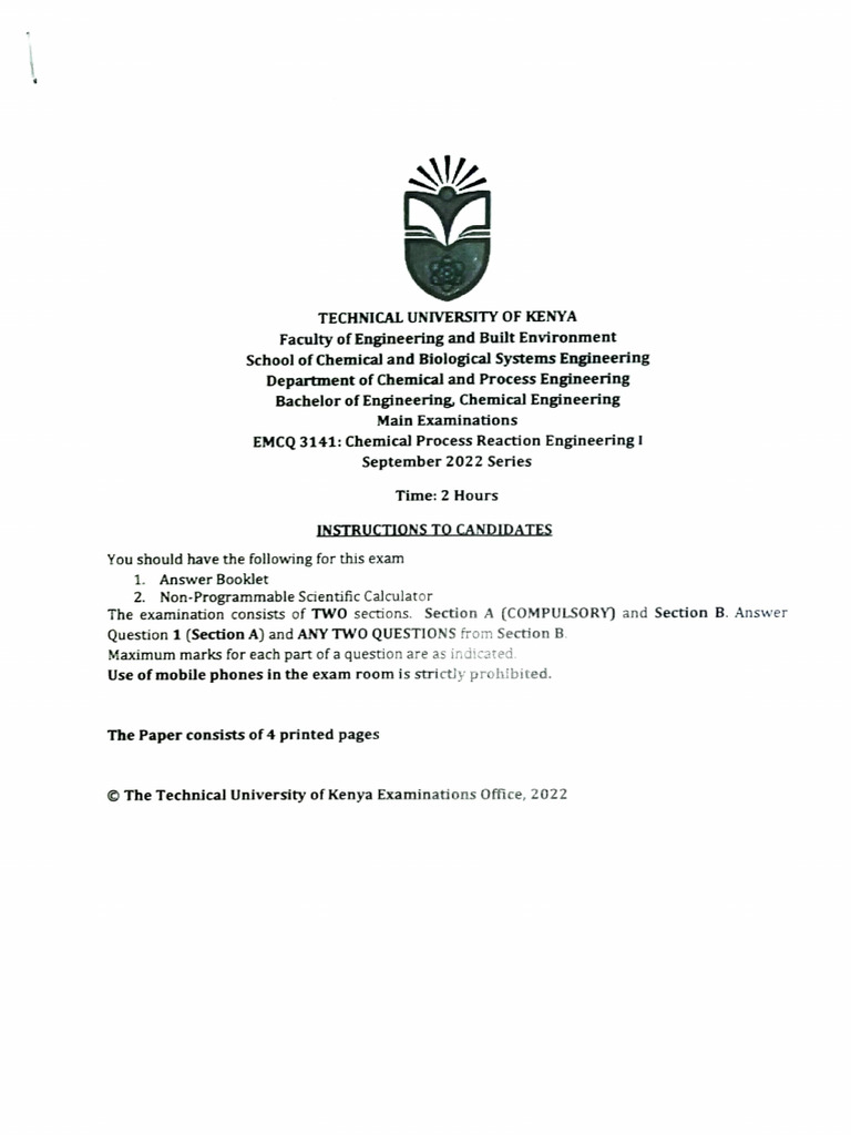 Chemical Engineering Exam September 2022 | PDF | Chemical Reactor ...