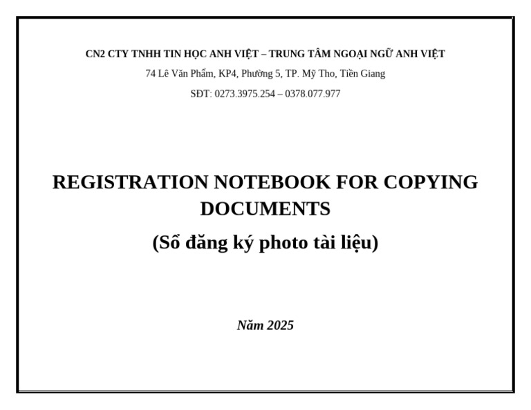 Registration Notebook For Copying Documents (Sổ đăng ký photo tài liệu ...