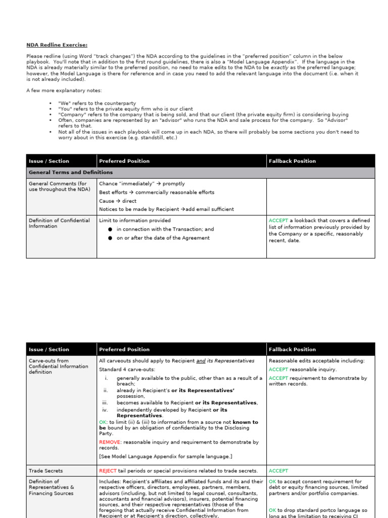 NDA Playbook Redline Guidelines | PDF | Non Disclosure Agreement ...