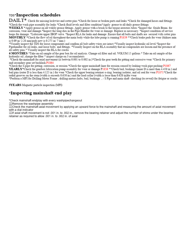 TDS Inspection Schedule Overview | PDF | Wear | Bearing (Mechanical)
