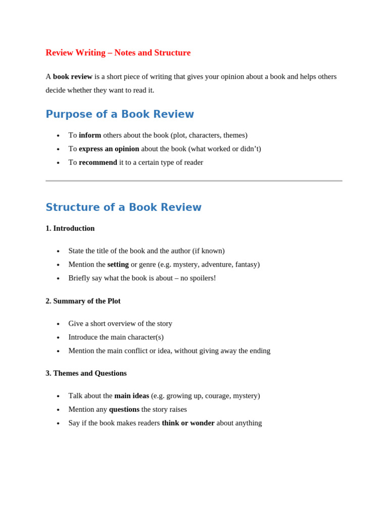 Book Review Writing Guide for Class 9 | PDF